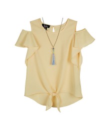 Amy Byer Yellow Short Sleeve Tie Front Blouse With Necklace